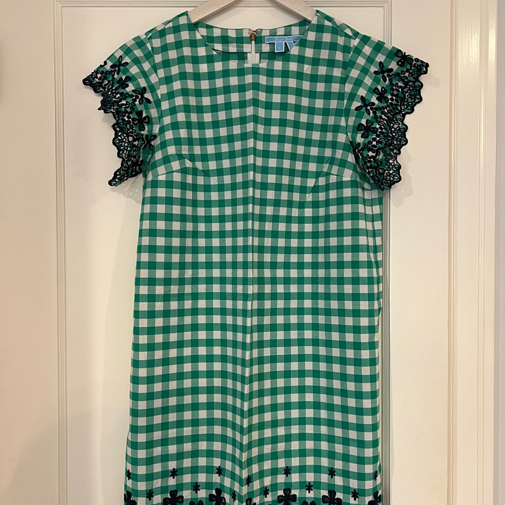 Draper James Green Checkered Dress with Navy Eyelet Details